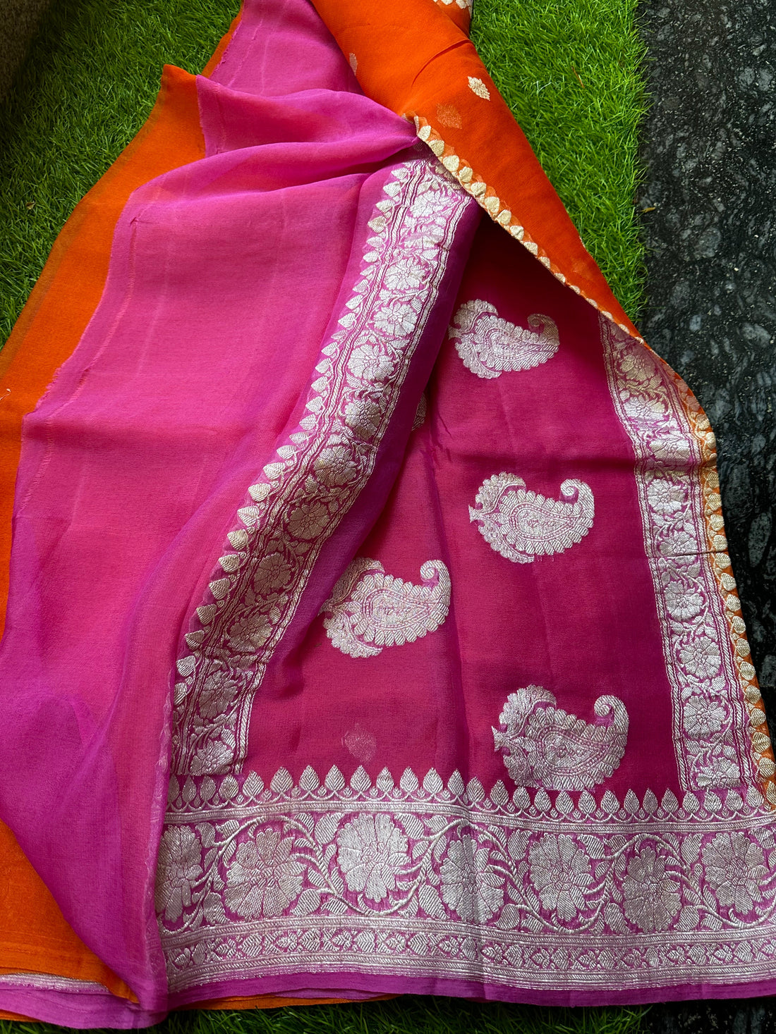 Pure khaddi chiffon, orange and pink.