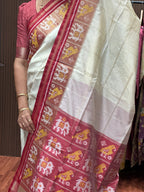 Tusser with Patola weaving Contrast border.half white with pink.