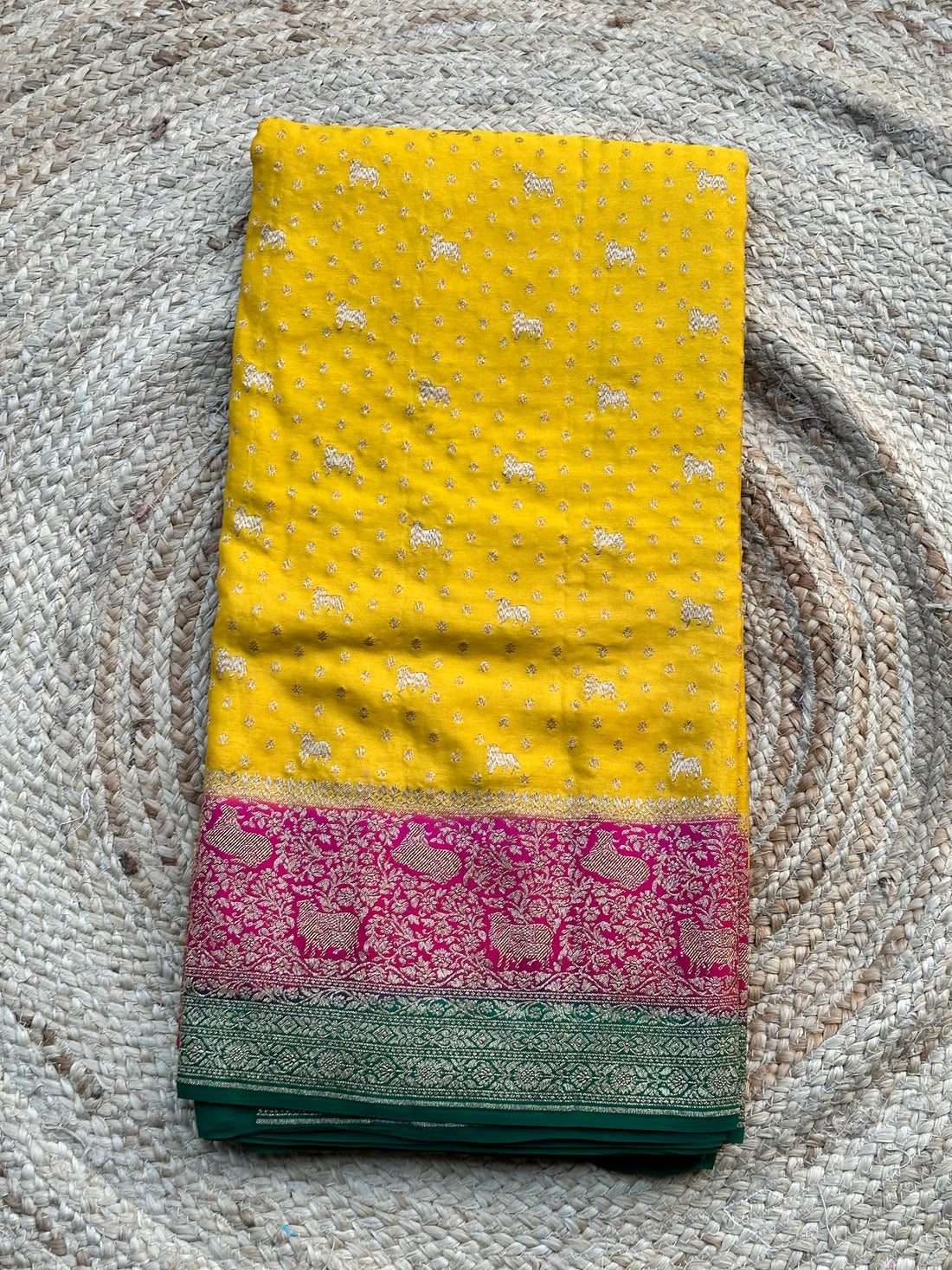 Mustard green and pink 3D pure crepe Banaras silk sarees