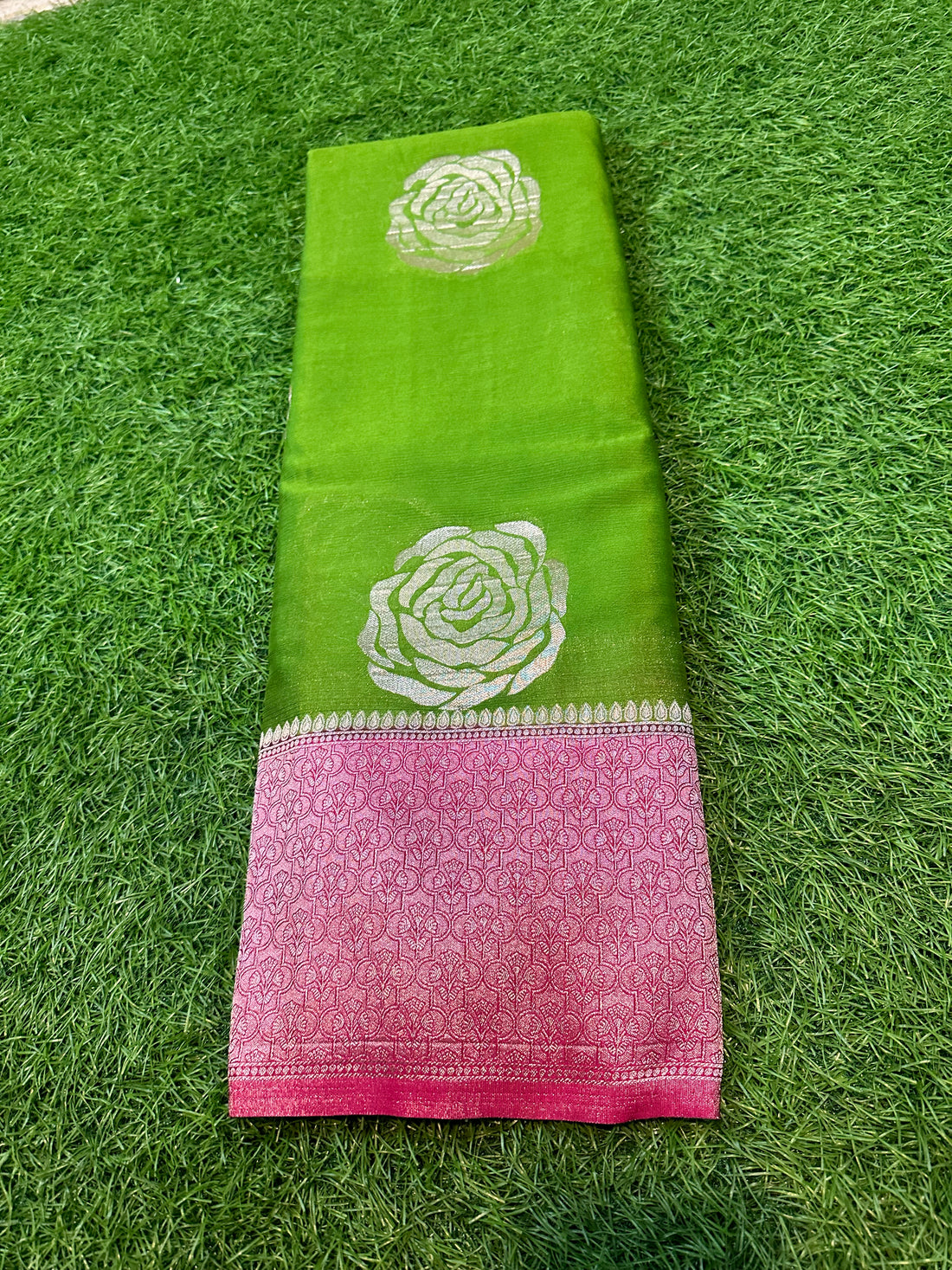 Green with pink soft crepe rose butta.