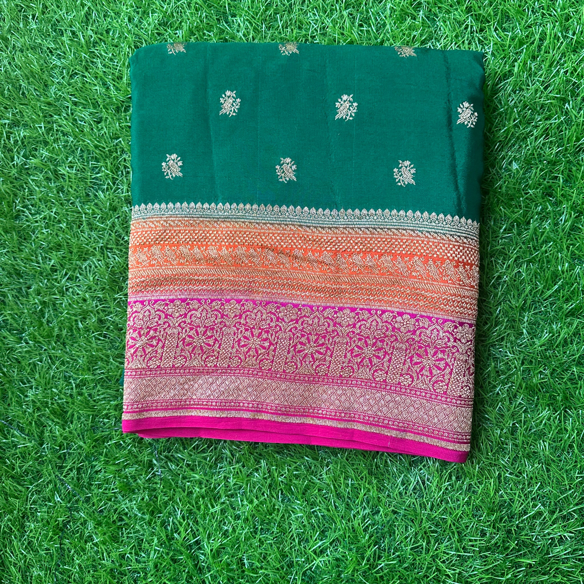 Green with orange and pink pure crepe Banaras. 3D pattern.