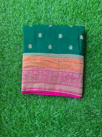 Green with orange and pink pure crepe Banaras. 3D pattern.