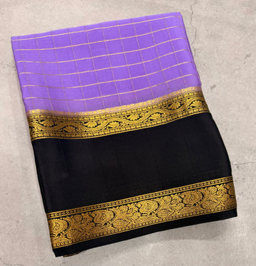 Lilac checks n bentex border pure Mysore silk crepe saree