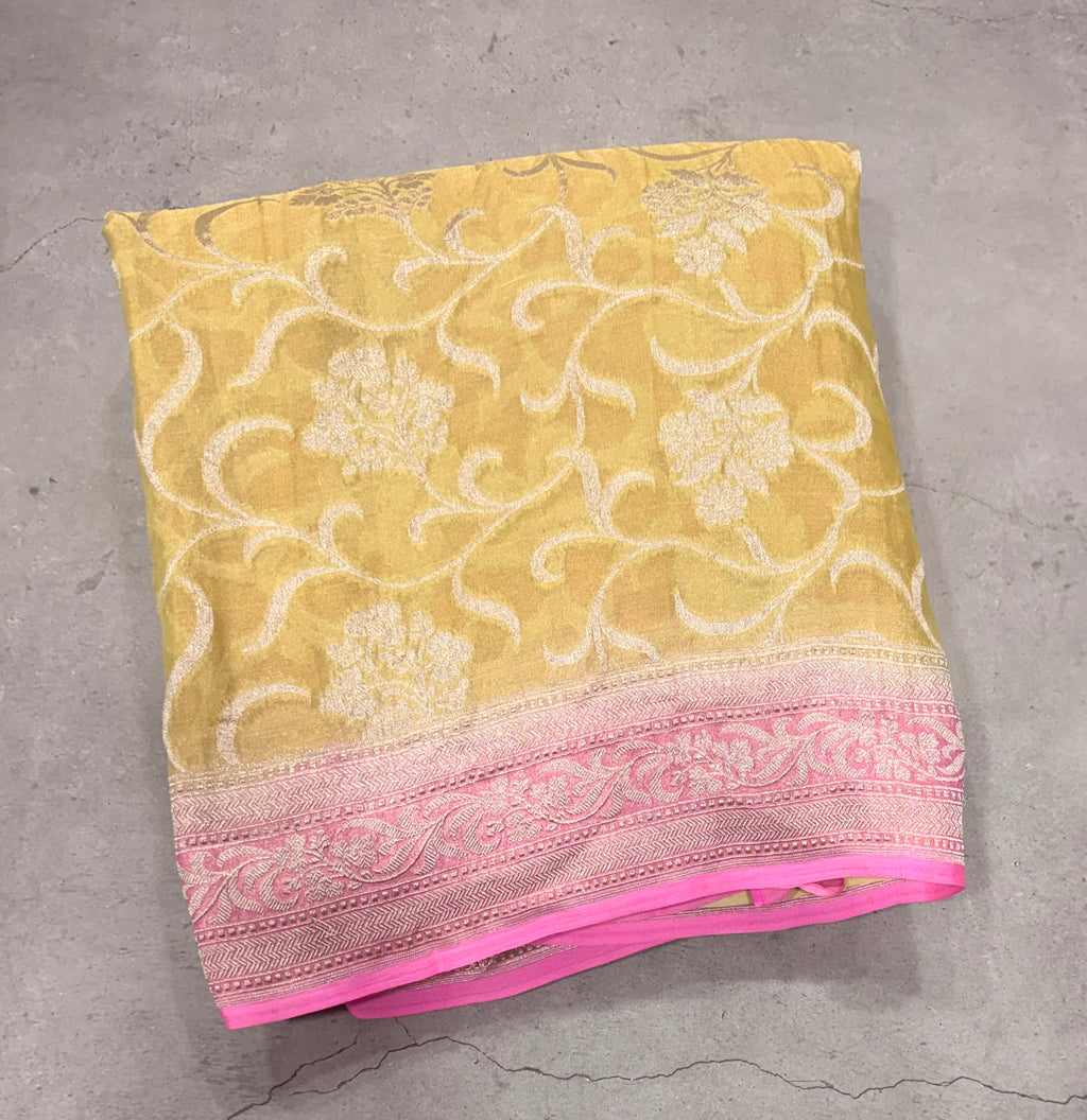 Pastel yellow jaal pattern pure georgette with water zari saree