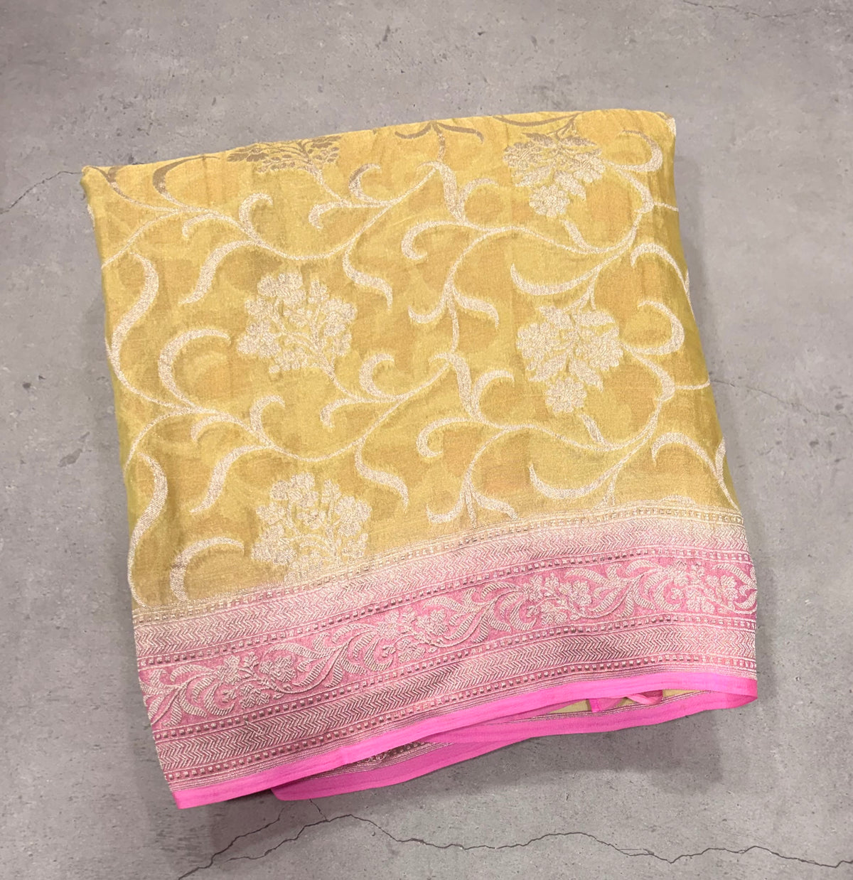 Pastel yellow jaal pattern pure georgette with water zari saree