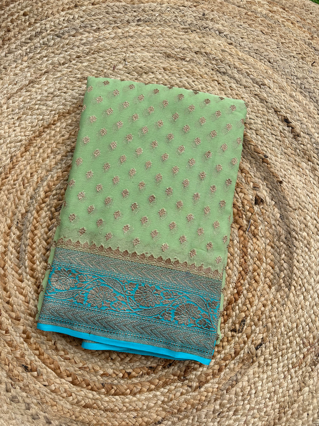 Light green and sea blue pure khaddi Georgette sarees silk mark certified