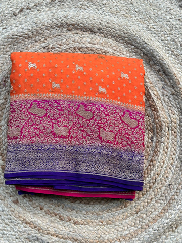 Orange purple and pink 3D pure crepe Banaras animal motives