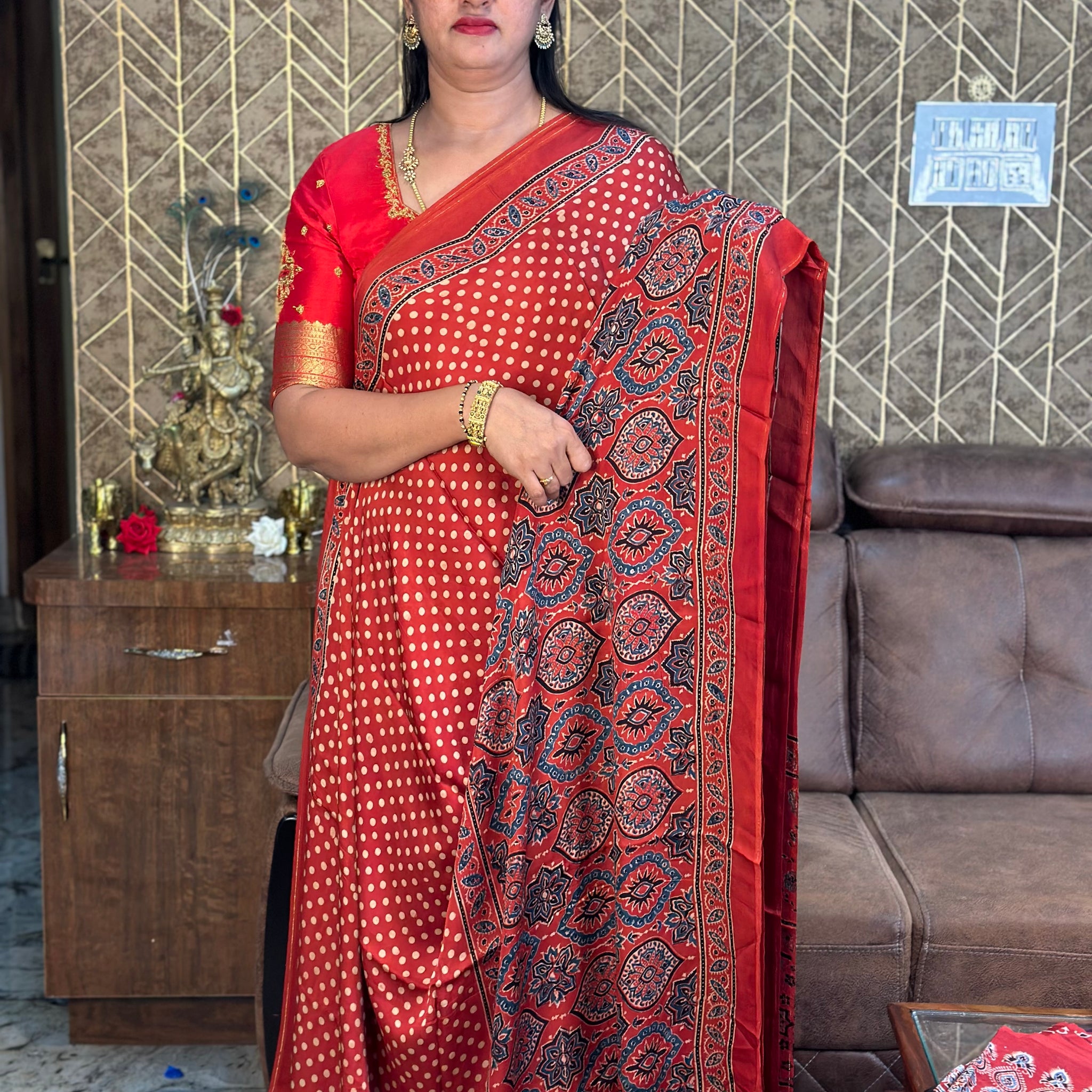 Red polky dots pure modal silk sarees.