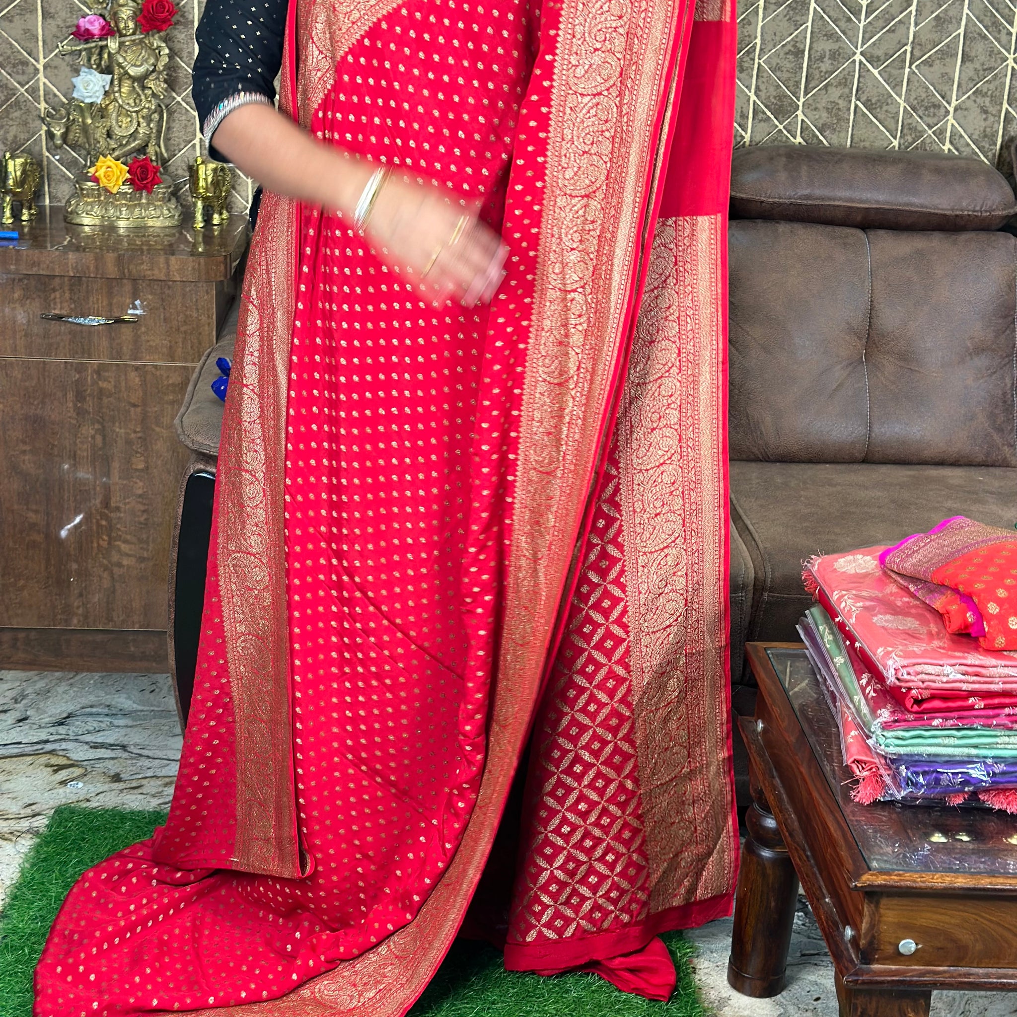 Hot red pure crepe Banaras sarees.