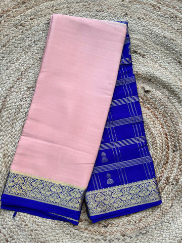 Peach with royal blue pure crepe Mysore Silk sarees