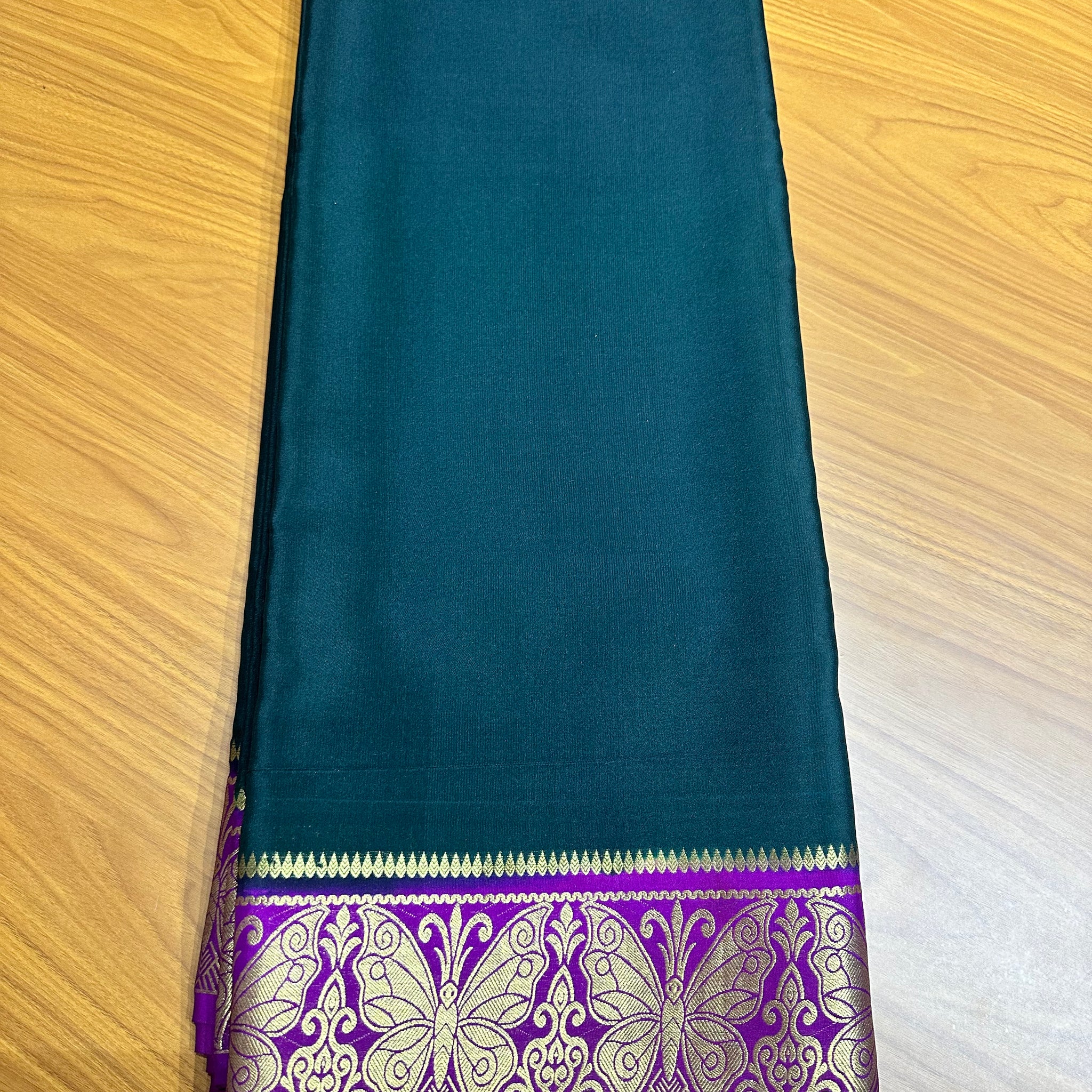 Dark green with purple pure crepe Mysore Silk sarees butterfly border 120 gsm