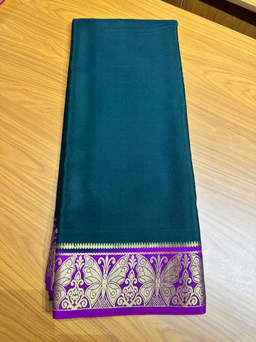 Dark green with purple pure crepe Mysore Silk sarees butterfly border 120 gsm