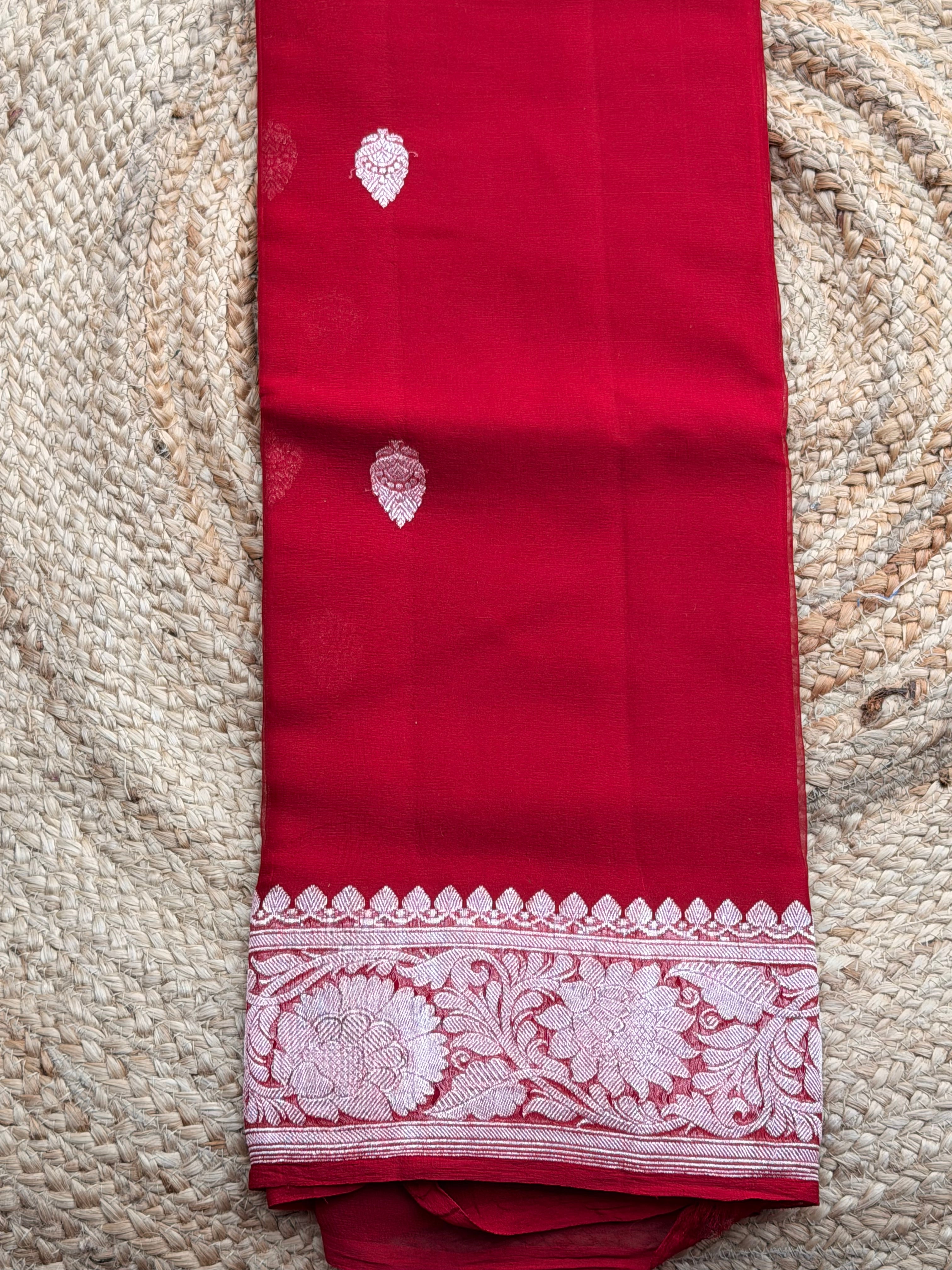 Burgundy Banarasi pure khadi chiffon saree sliver zari woven