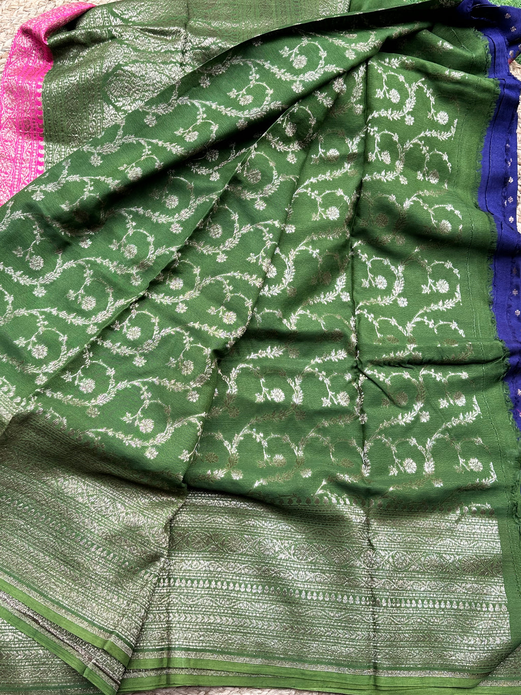 Purple pink and leaf green pure crepe chiffon 3D Banaras