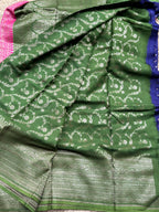Purple pink and leaf green pure crepe chiffon 3D Banaras