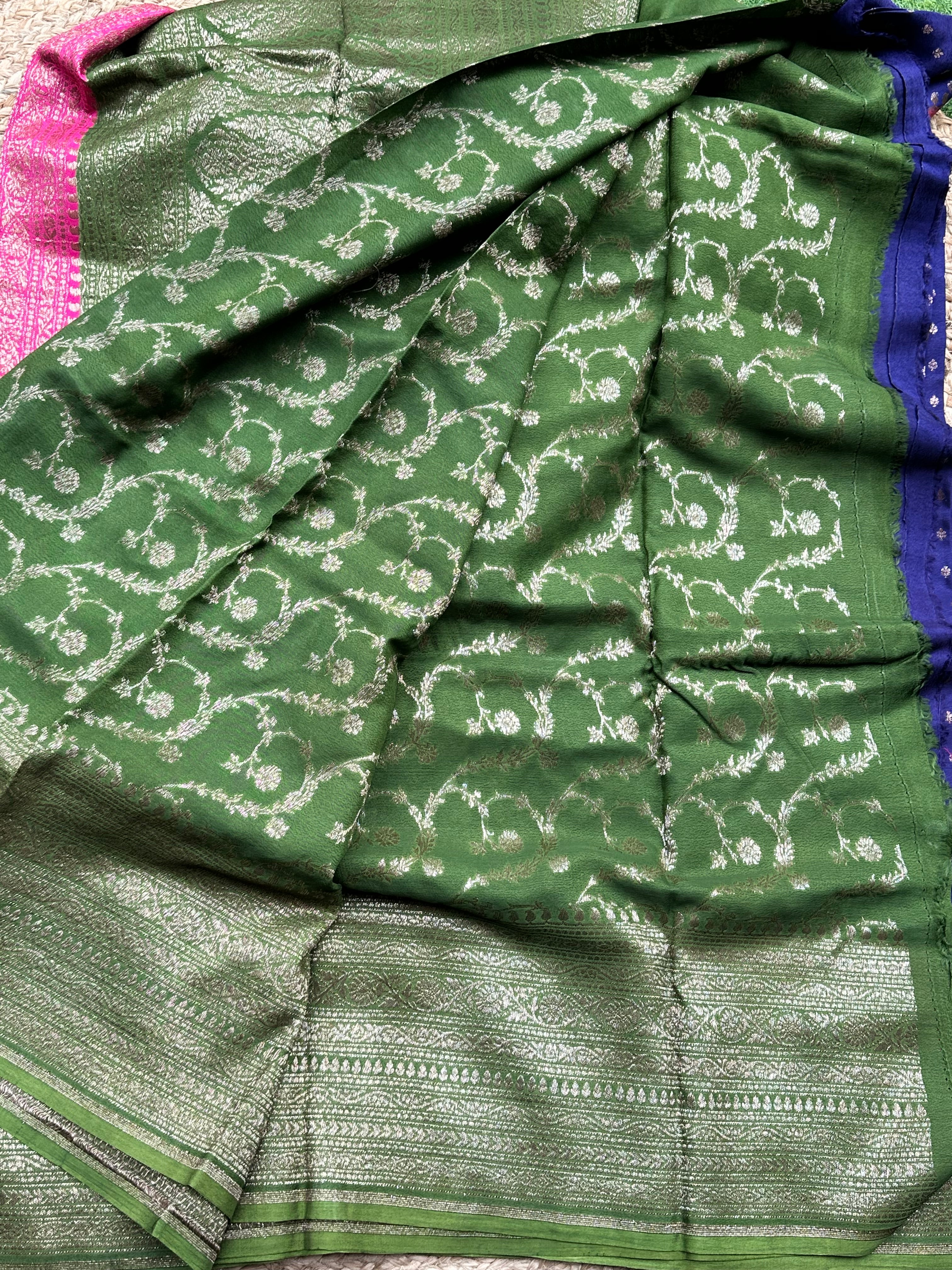 Purple pink and leaf green pure crepe chiffon 3D Banaras