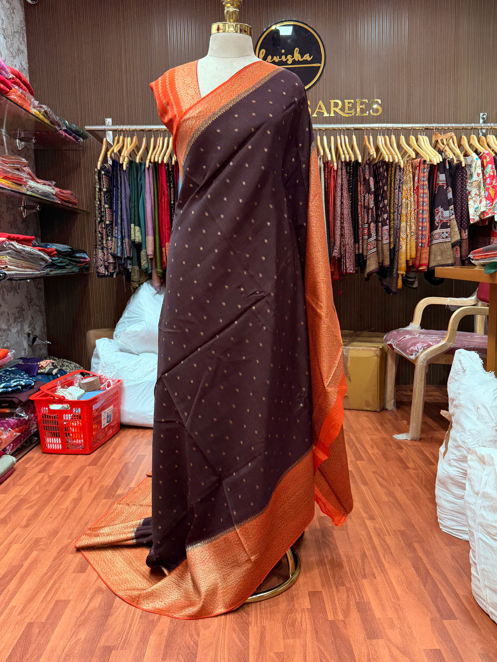Dark brown contrast small butta Tussar saree (STS107)
