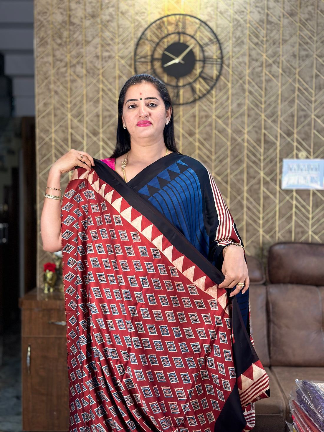 Blue with red pure modal silk saree.