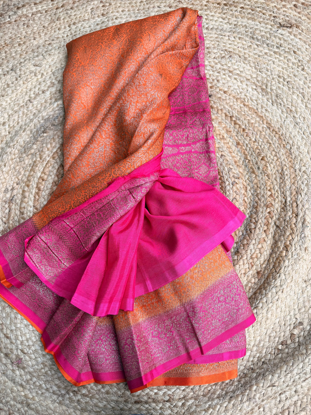 Orange n pink semi Banarasi crepe saree