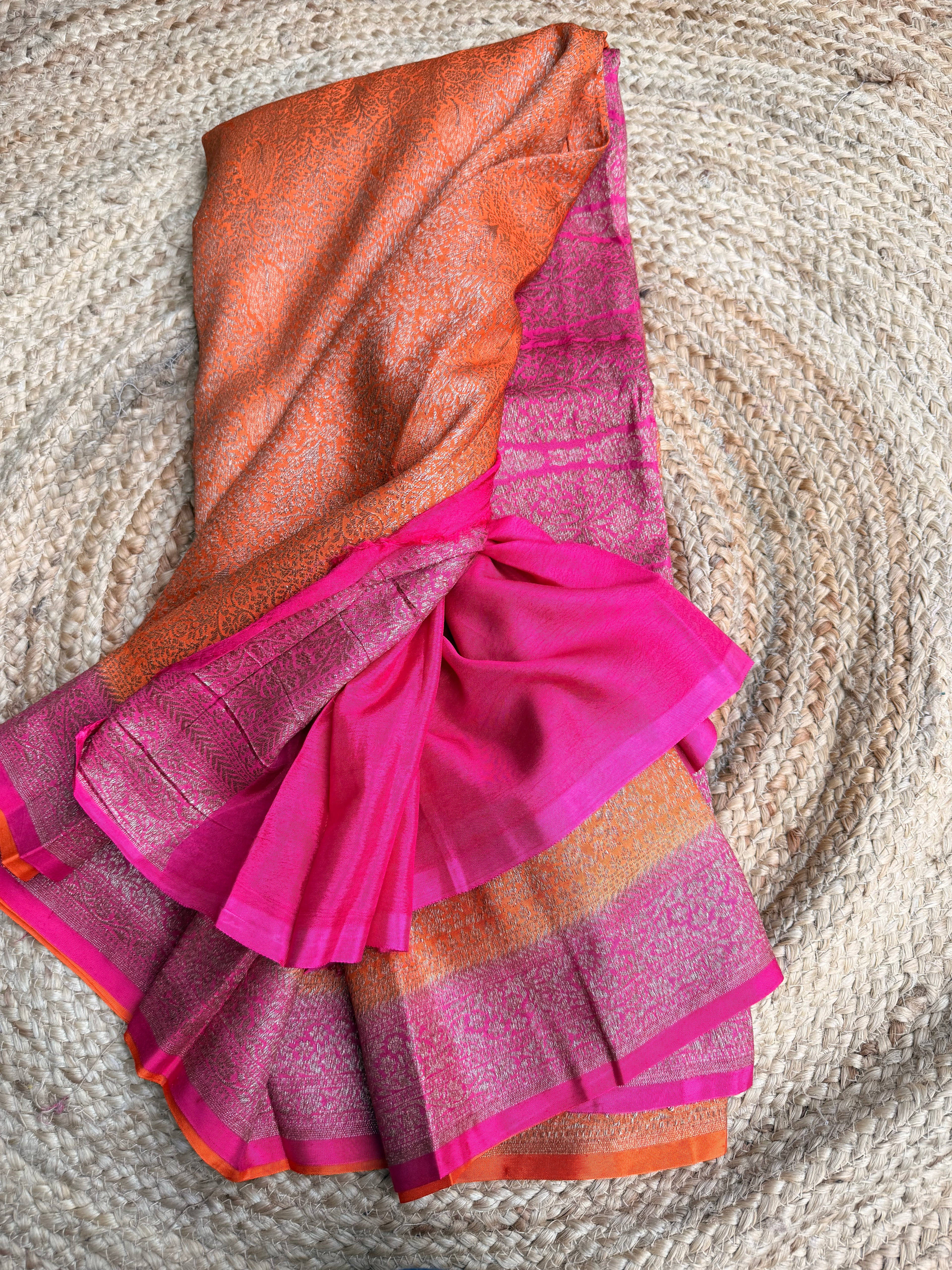 Orange n pink semi Banarasi crepe saree