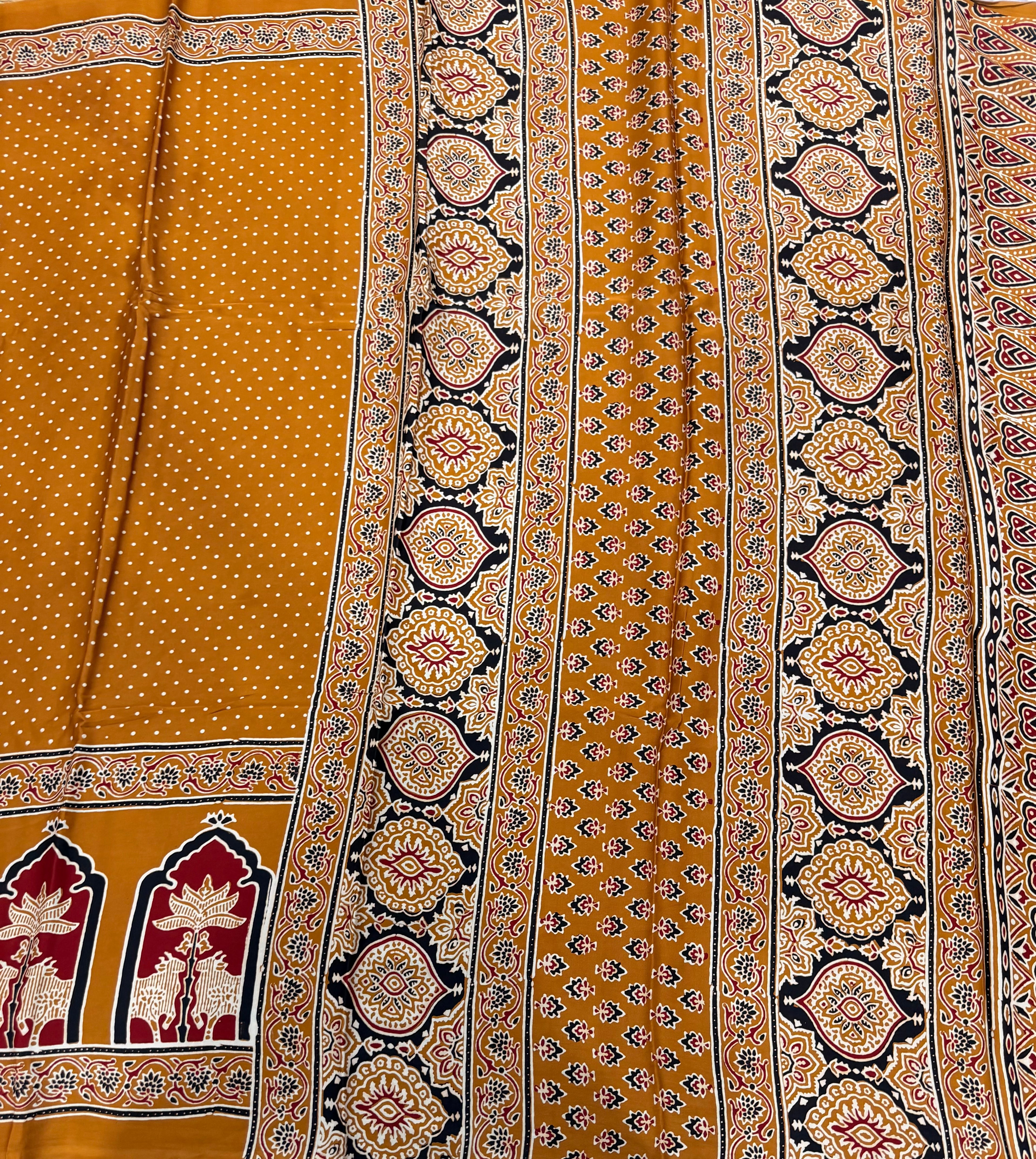 Mustard yellow pure Ajrak dola sarees