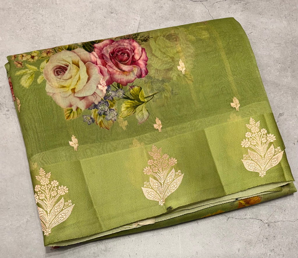 Green digital print Banarasi pure tissue chiffon saree sliver zari saree