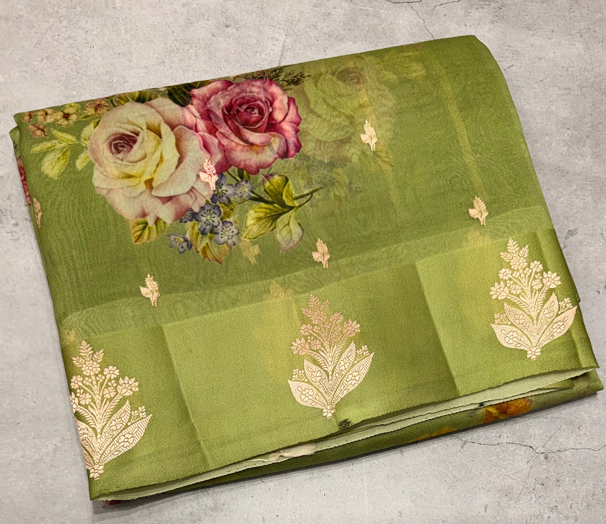 Green digital print Banarasi pure tissue chiffon saree sliver zari saree