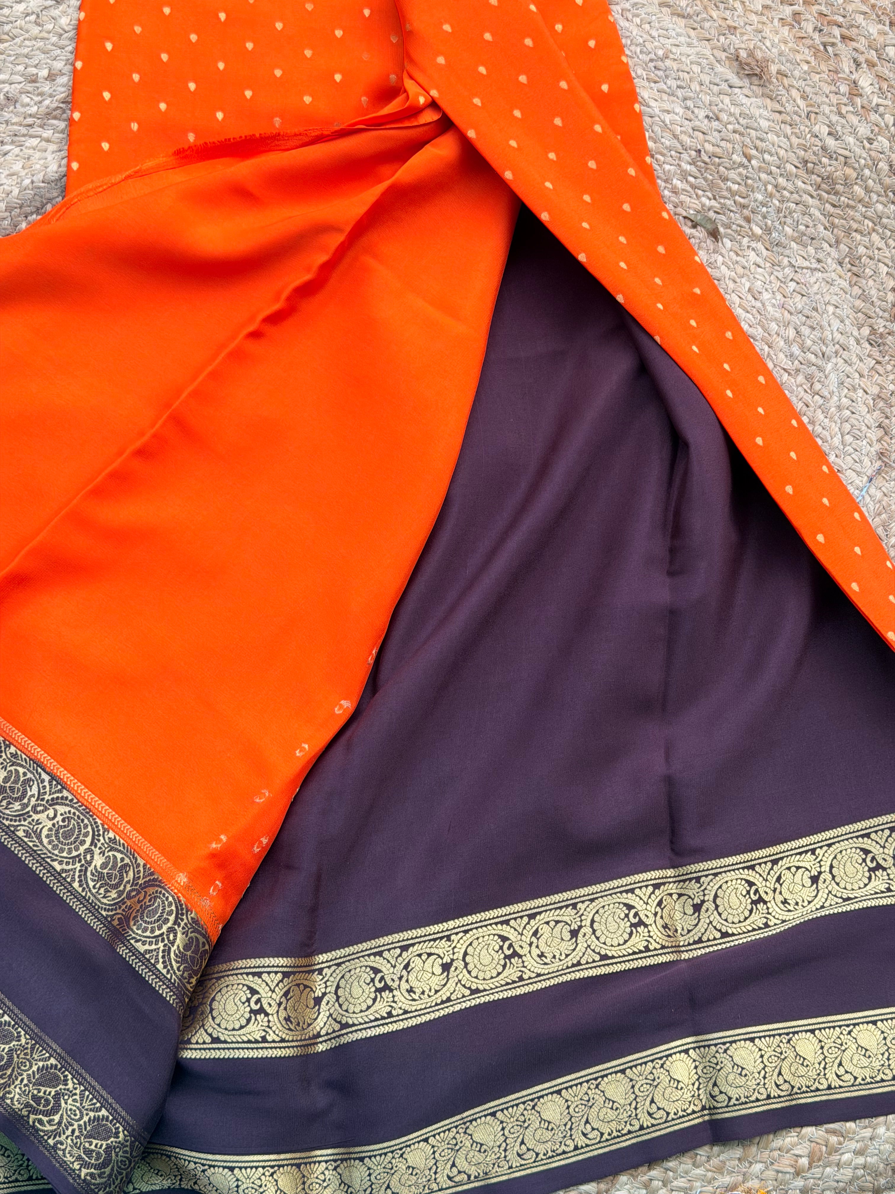 Orange and deep coffee brown 1000 butta pure crepe Mysore silk 120 gsm