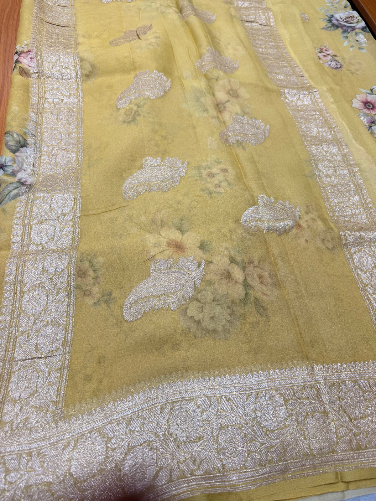 Pastel yellow digital print Banarasi pure tissue chiffon saree sliver zari saree