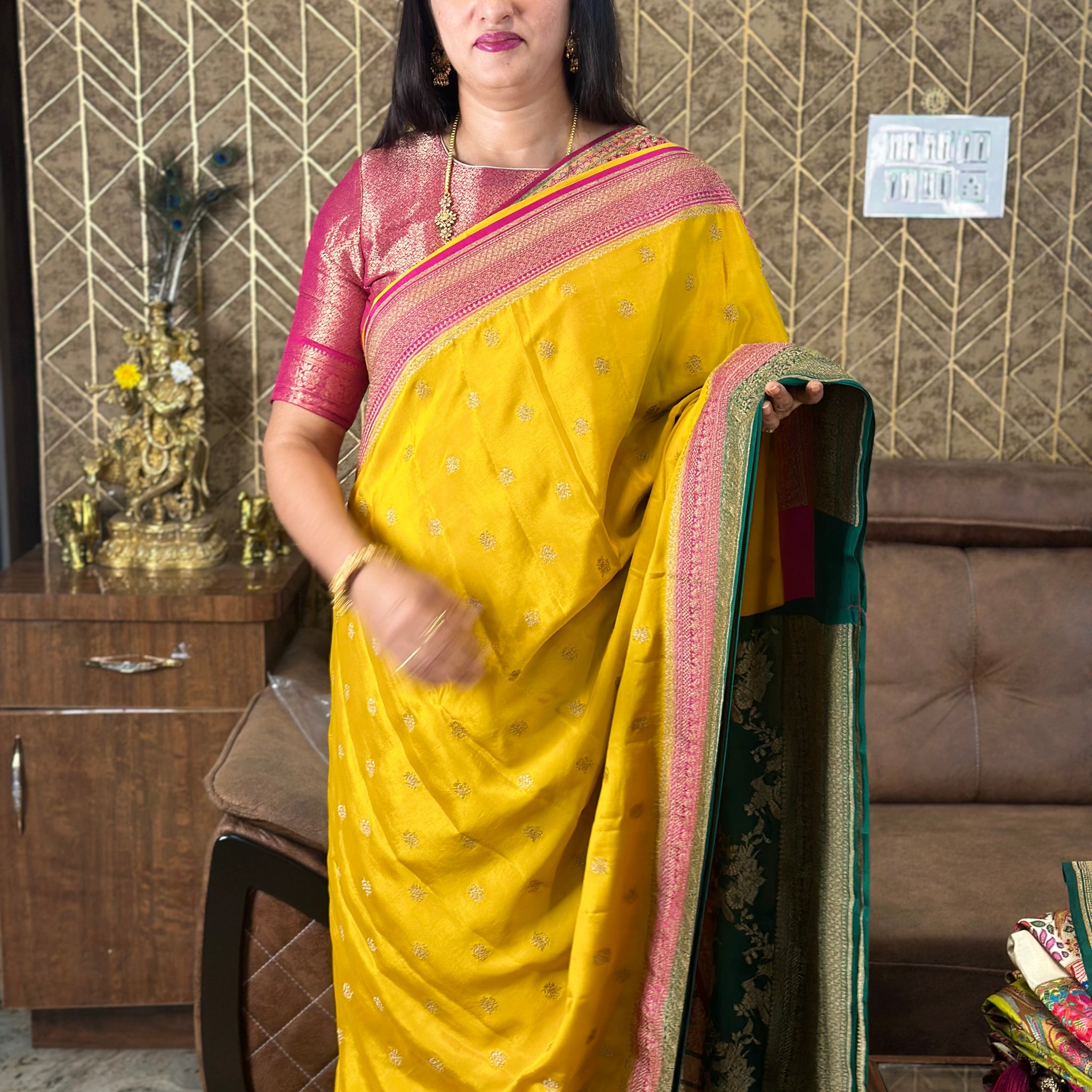 Mustard pink and green, pure crepe Banaras silk sarees.