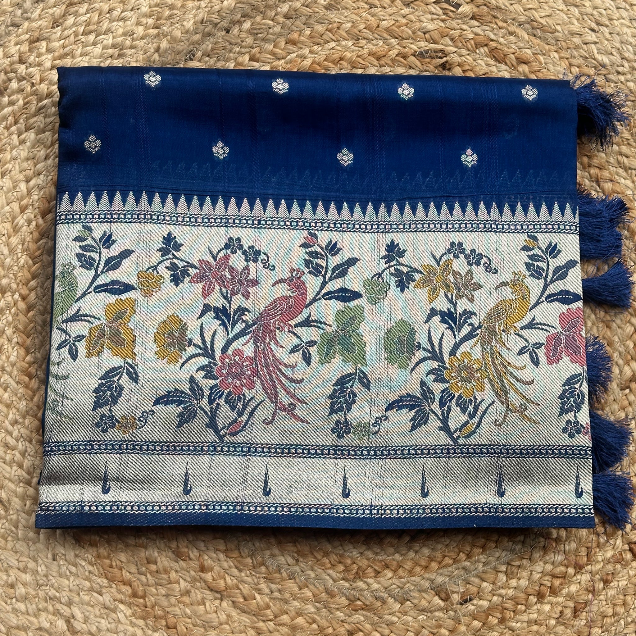 Peacock blue pure Paithani tusser silk