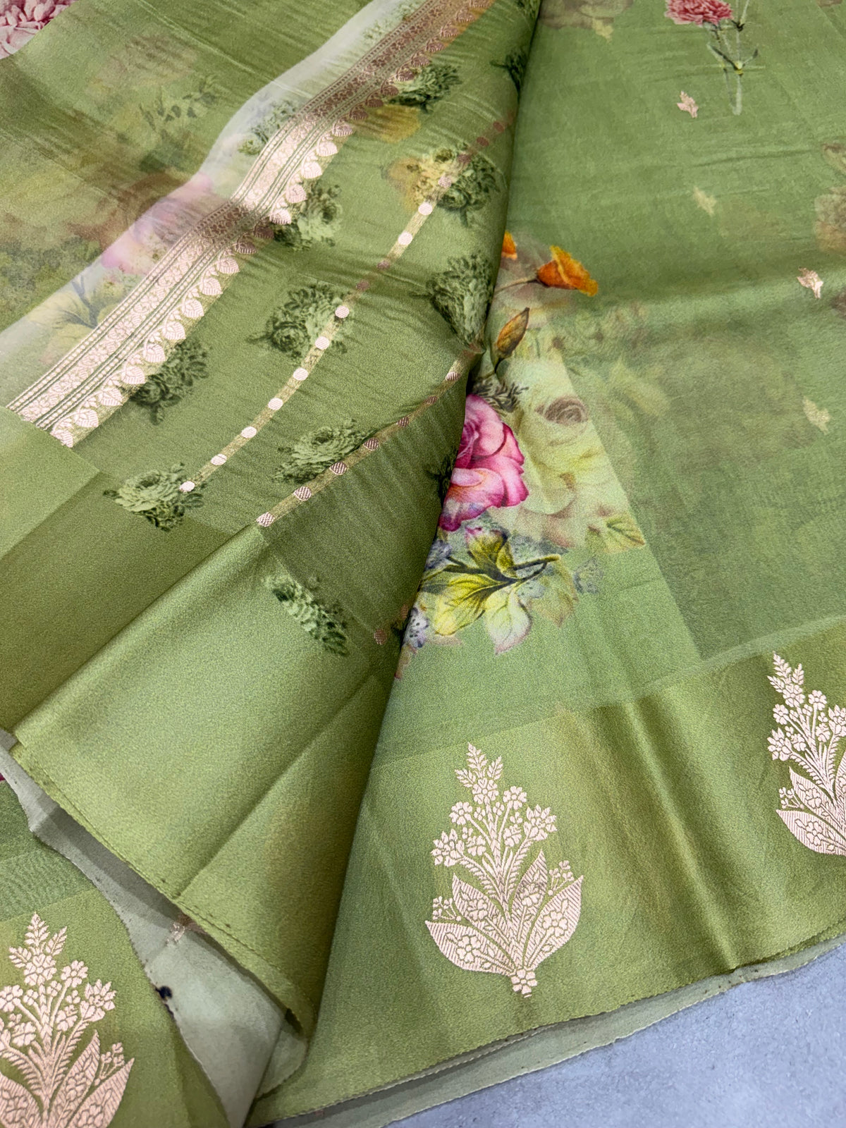 Green digital print Banarasi pure tissue chiffon saree sliver zari saree