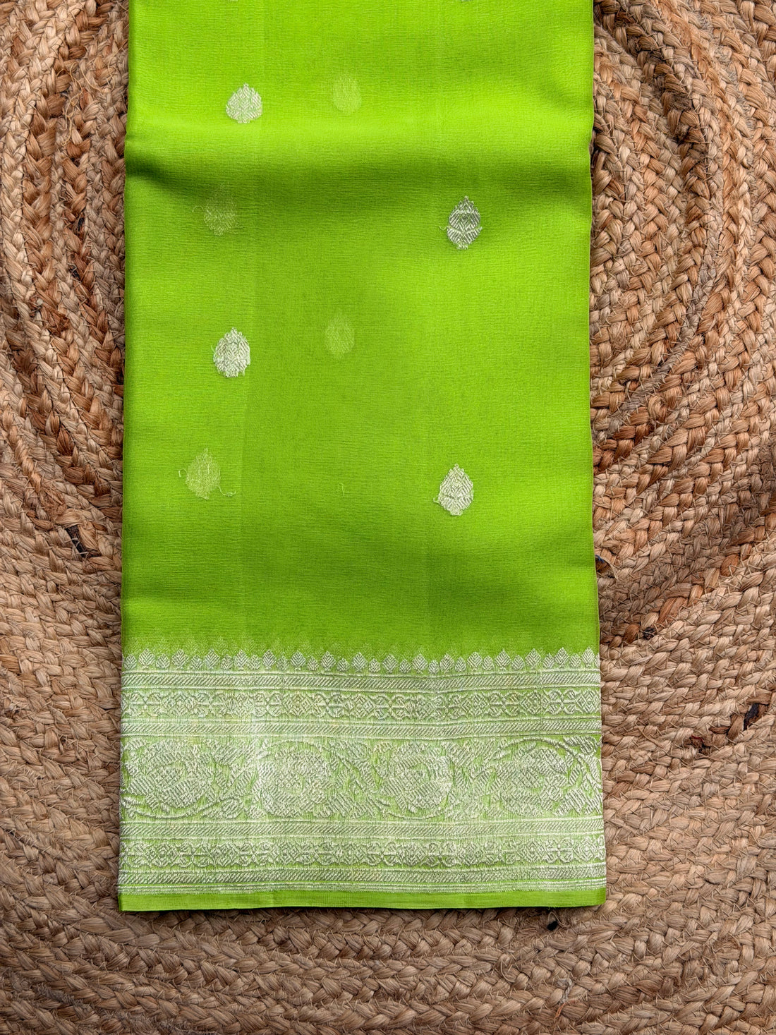 Parrot green Banarasi pure khadi chiffon saree sliver zari woven