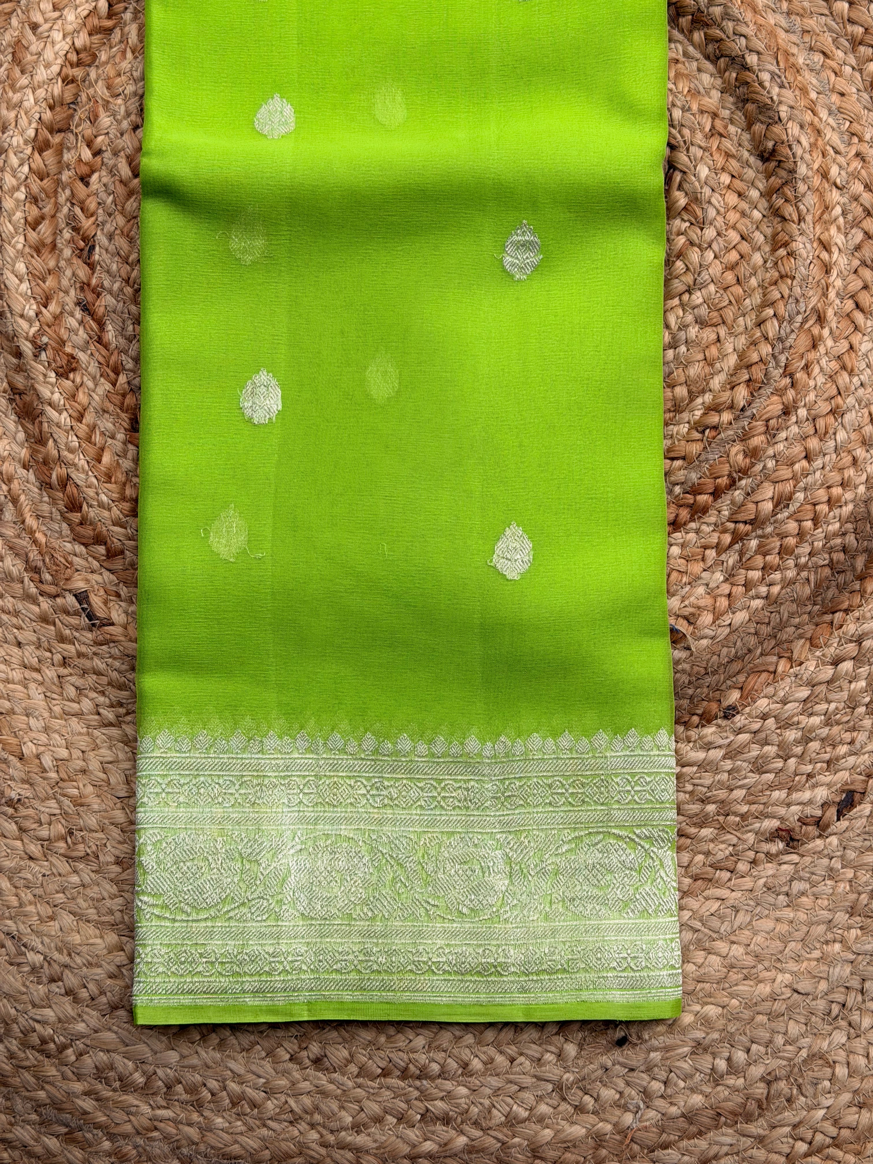 Parrot green Banarasi pure khadi chiffon saree sliver zari woven