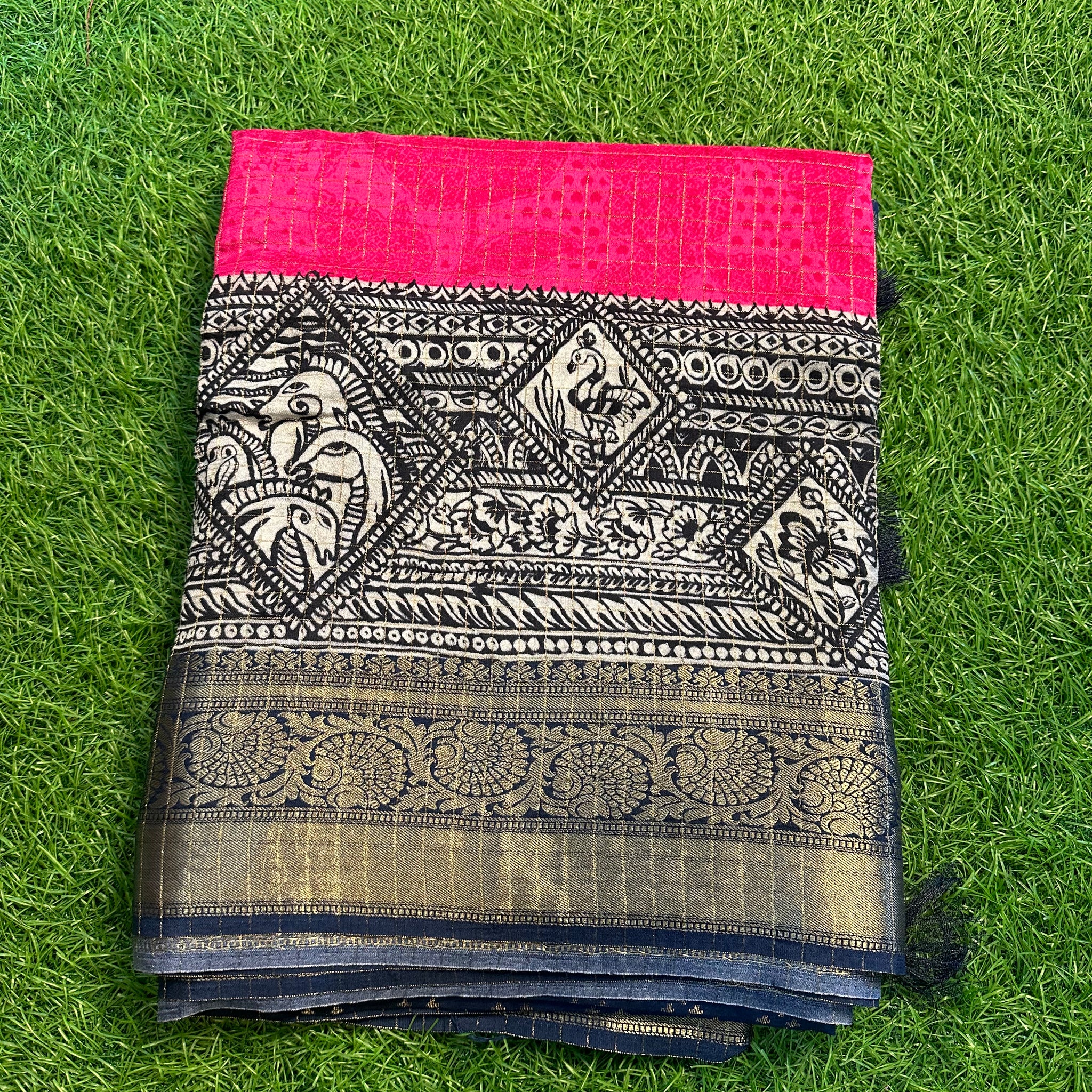 Staberry pink with navy blue dola crepe kalamkari.