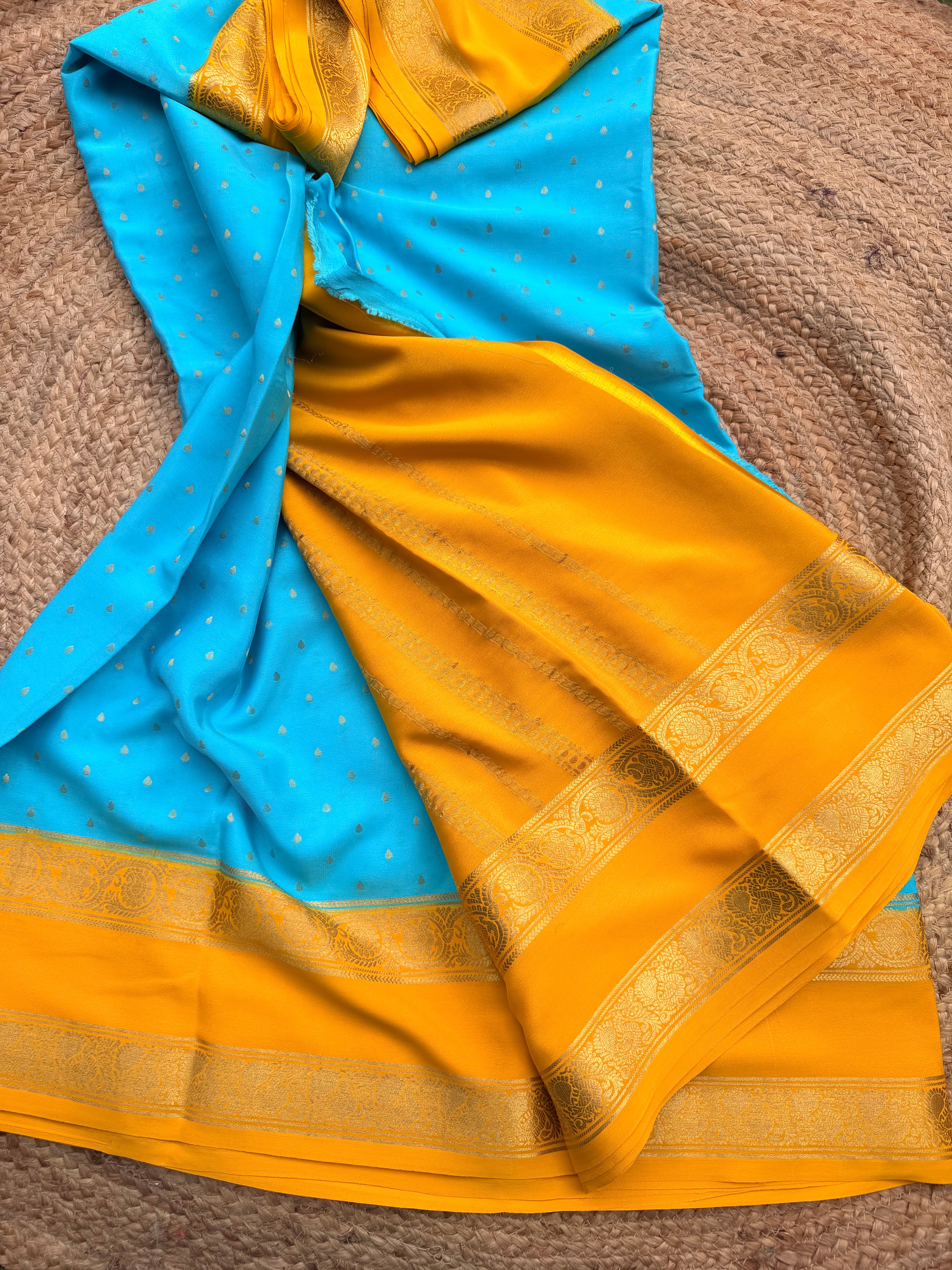 Sky blue and mango yellow 1000 butta pure crepe Mysore silk 120 gsm