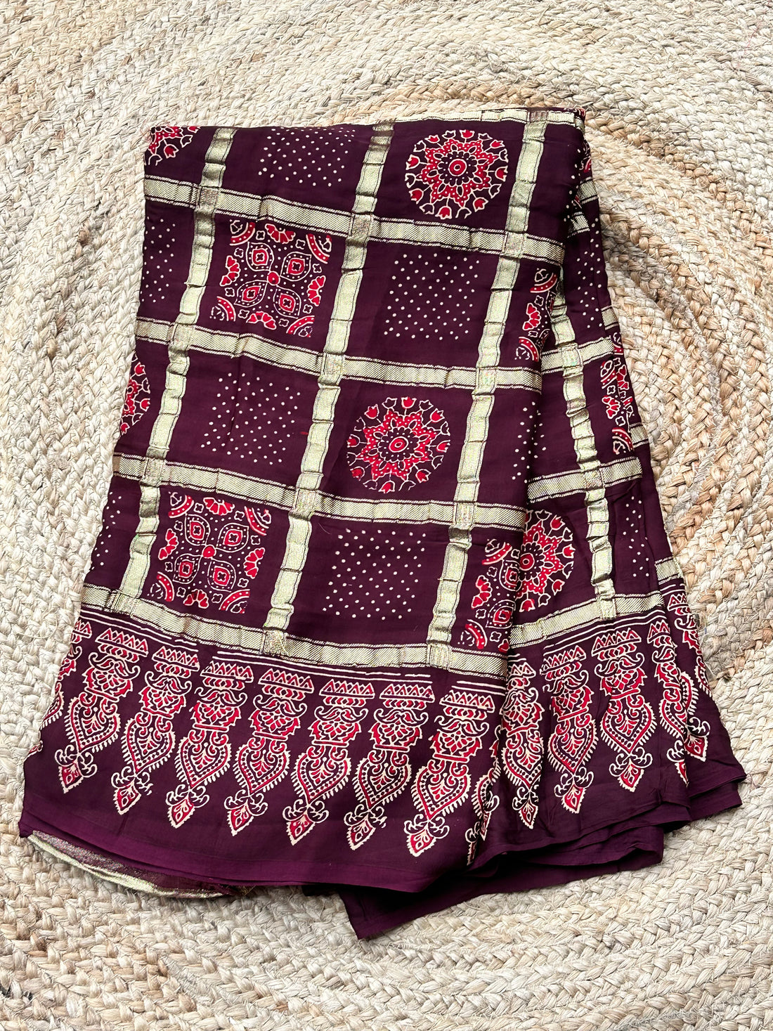 Deep coffee brown pure modal block prints Saree