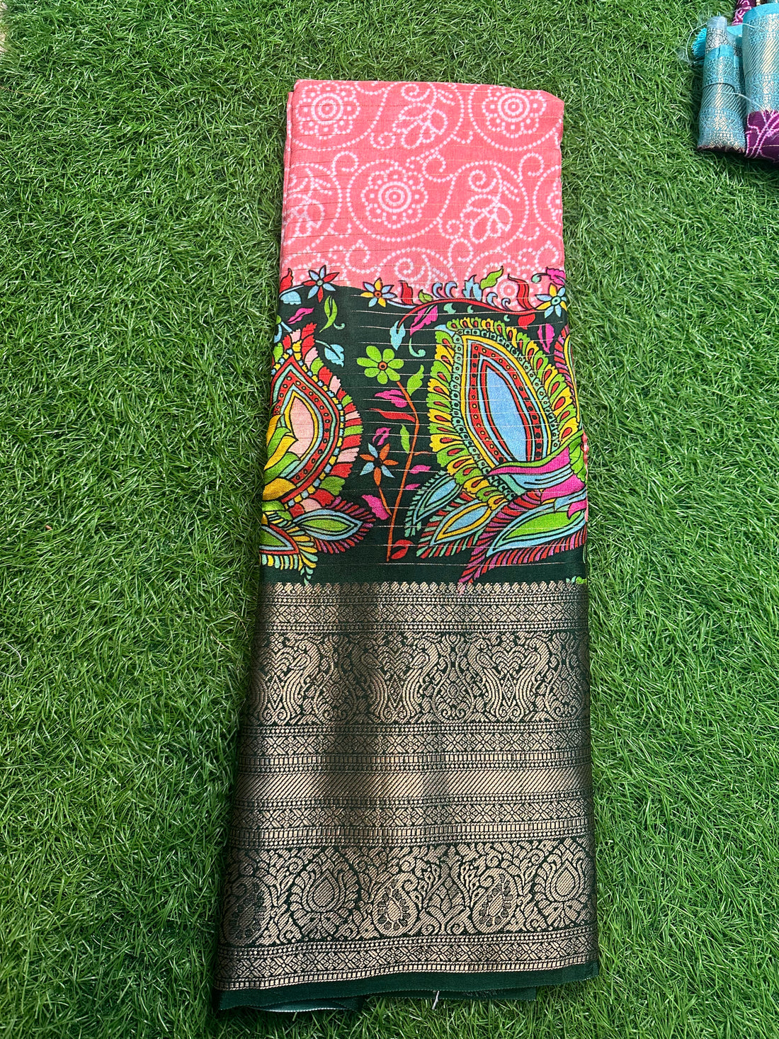 Peach with green Crepe kalamkari Kanchi border.