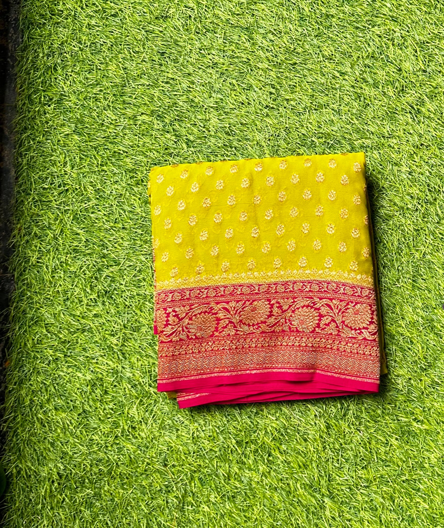 Pure khaddi georgette,Lemon yellow with pink.