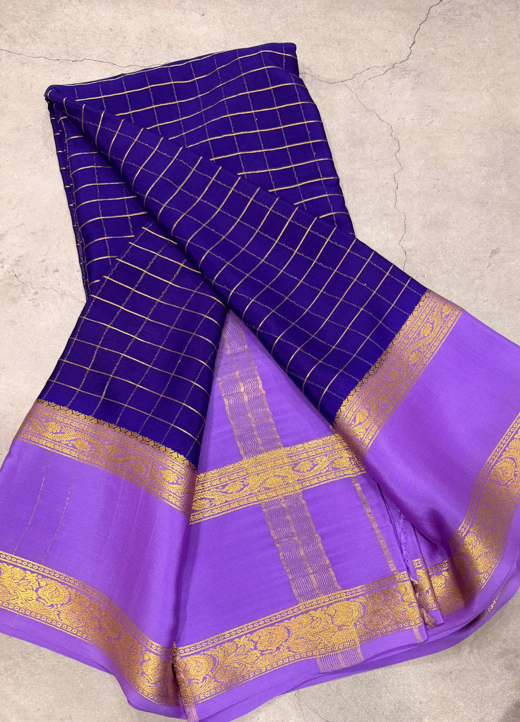 Blue checks n bentex border pure Mysore silk crepe saree