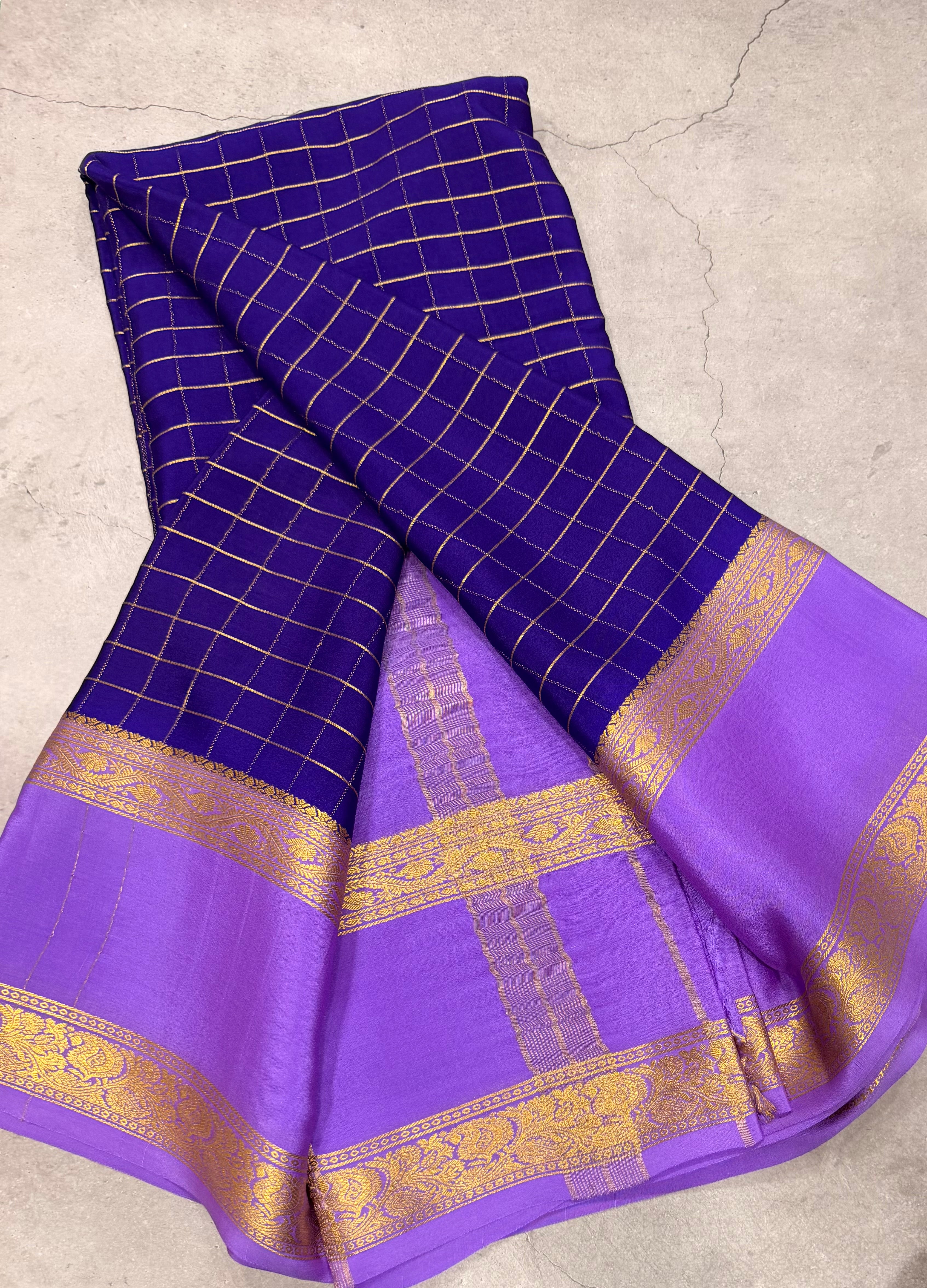 Blue checks n bentex border pure Mysore silk crepe saree