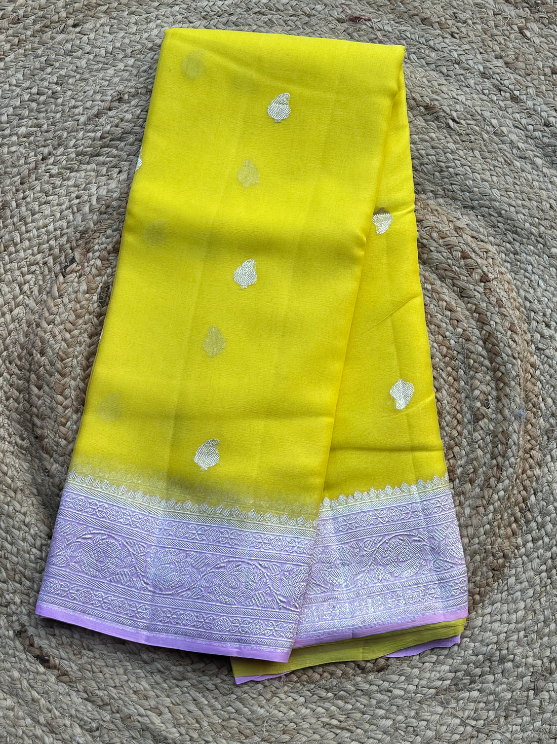 Yellow and pink pure khaddi chiffon sarees silver zari woven