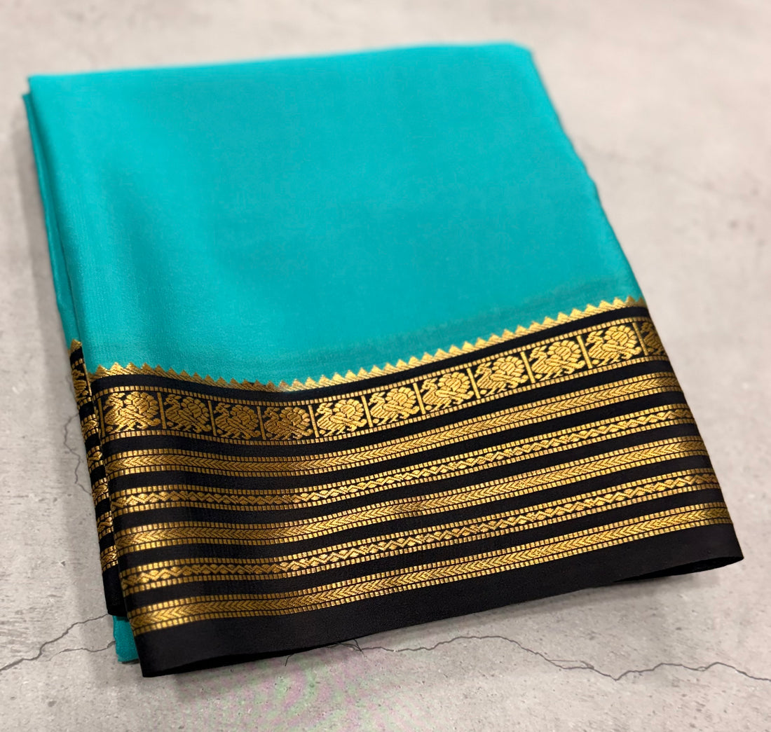 Light Rama green stripes border pure Mysore silk crepe saree
