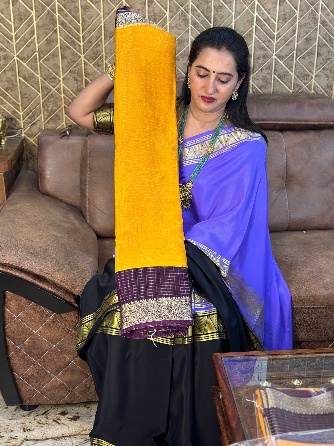 Mustard with wine semi checks crepe with designer blouse.