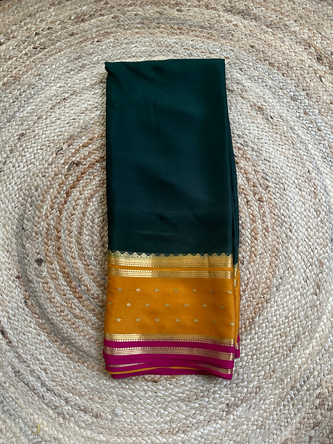 Deep green and mustard pure crepe Mysore Silk sarees 100 gsm