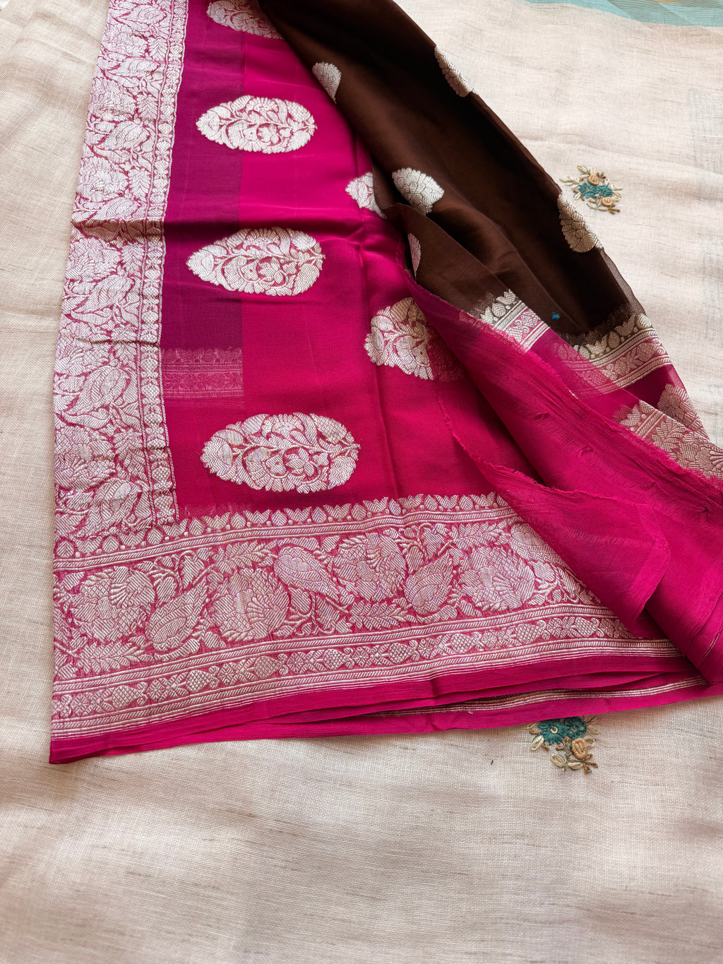 Brown double border Banarasi pure khadi chiffon saree sliver zari saree