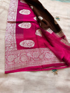 Brown double border Banarasi pure khadi chiffon saree sliver zari saree