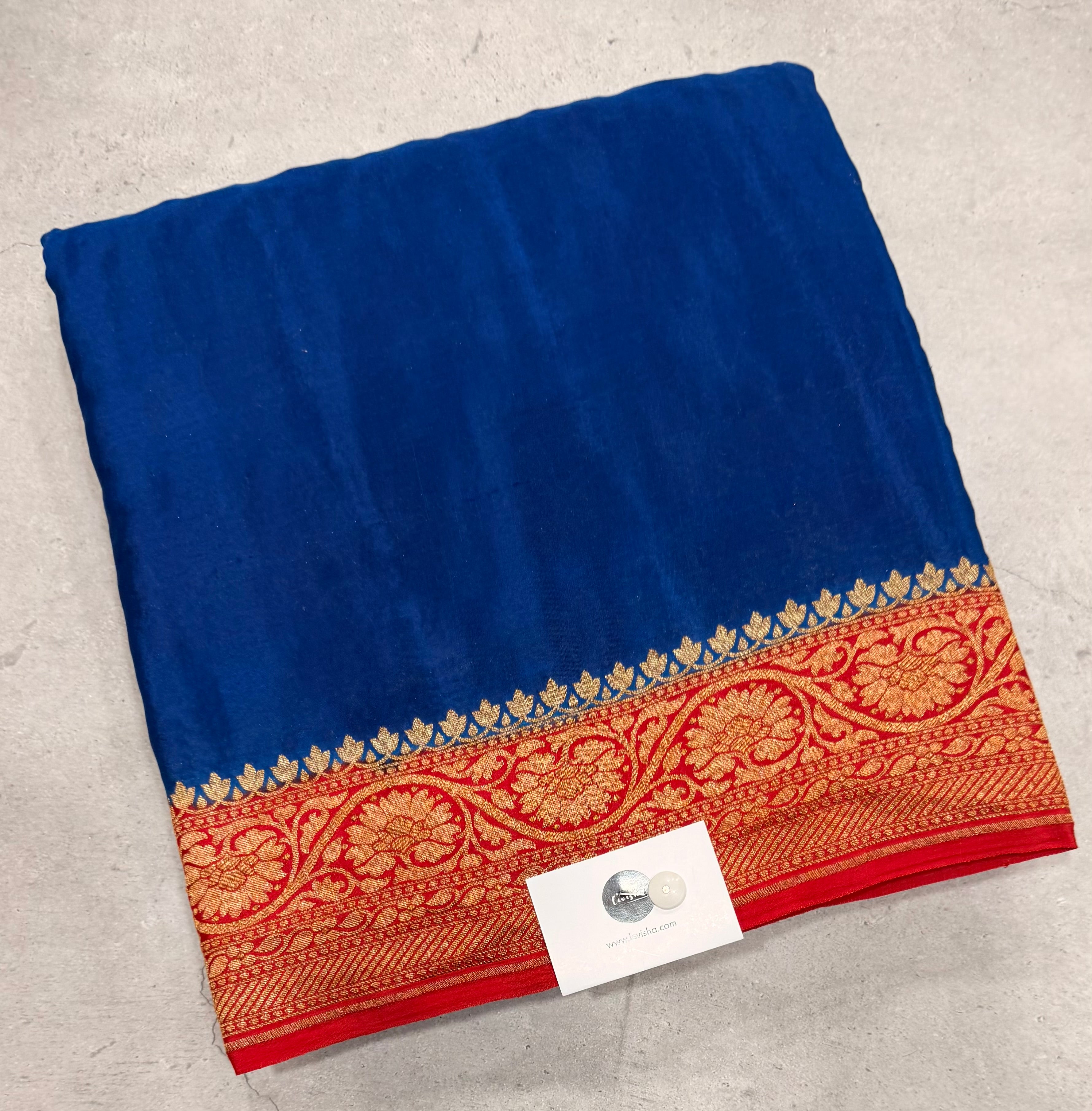 Blue n red partly pallu pure benarasi crepe silk saree