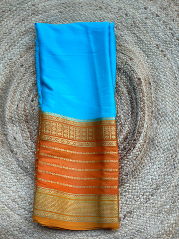 Blue with orange pure crepe Mysore Silk sarees 120 gsm