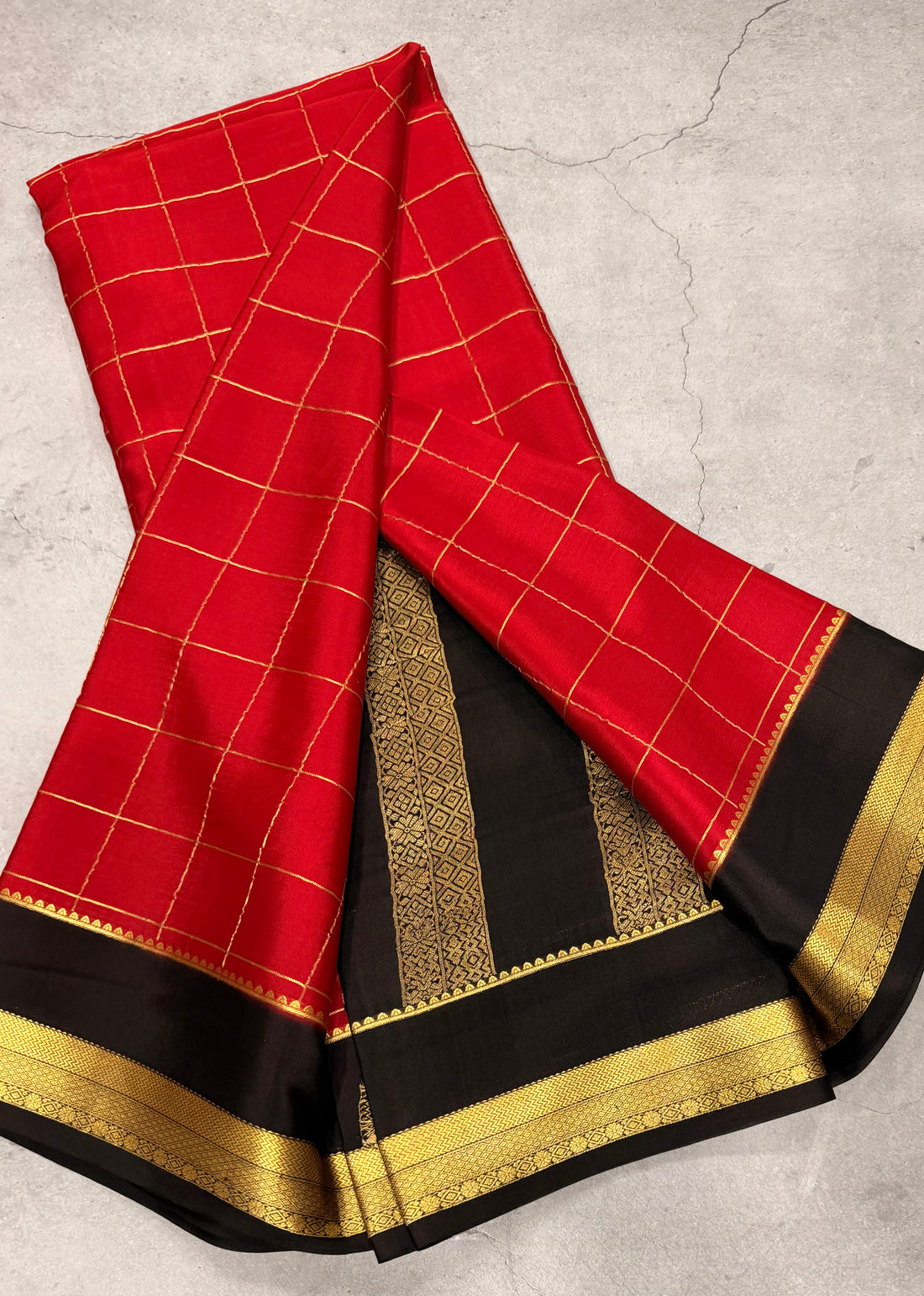 Red checks pure Mysore silk crepe saree
